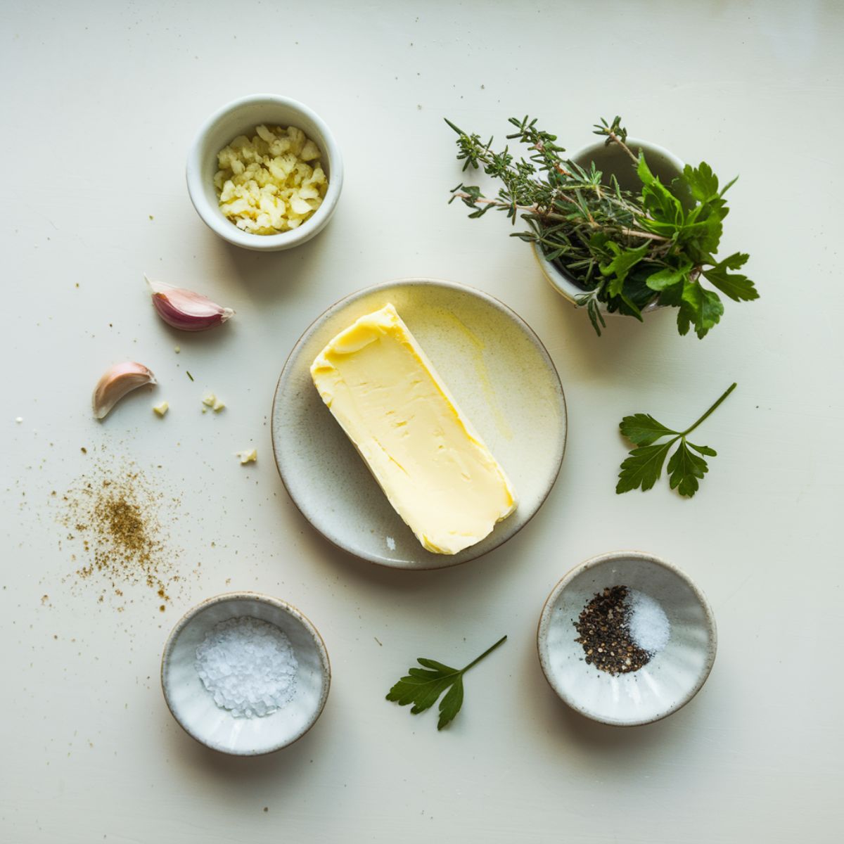 Softened butter, minced garlic, fresh herbs, salt, and pepper on a white kitchen counter for homemade compound butter.