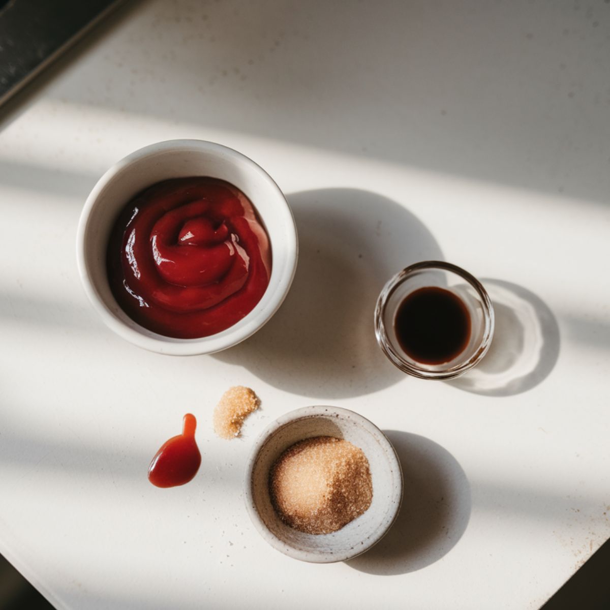 Overhead view of homemade meatloaf glaze ingredients on white kitchen counter