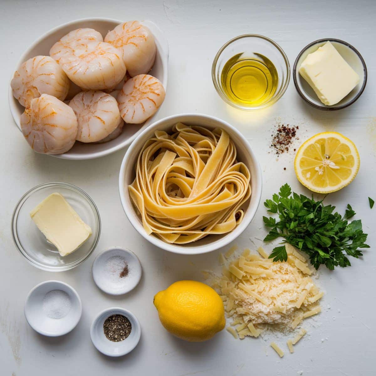 Homemade scallops and pasta ingredients on white kitchen counter