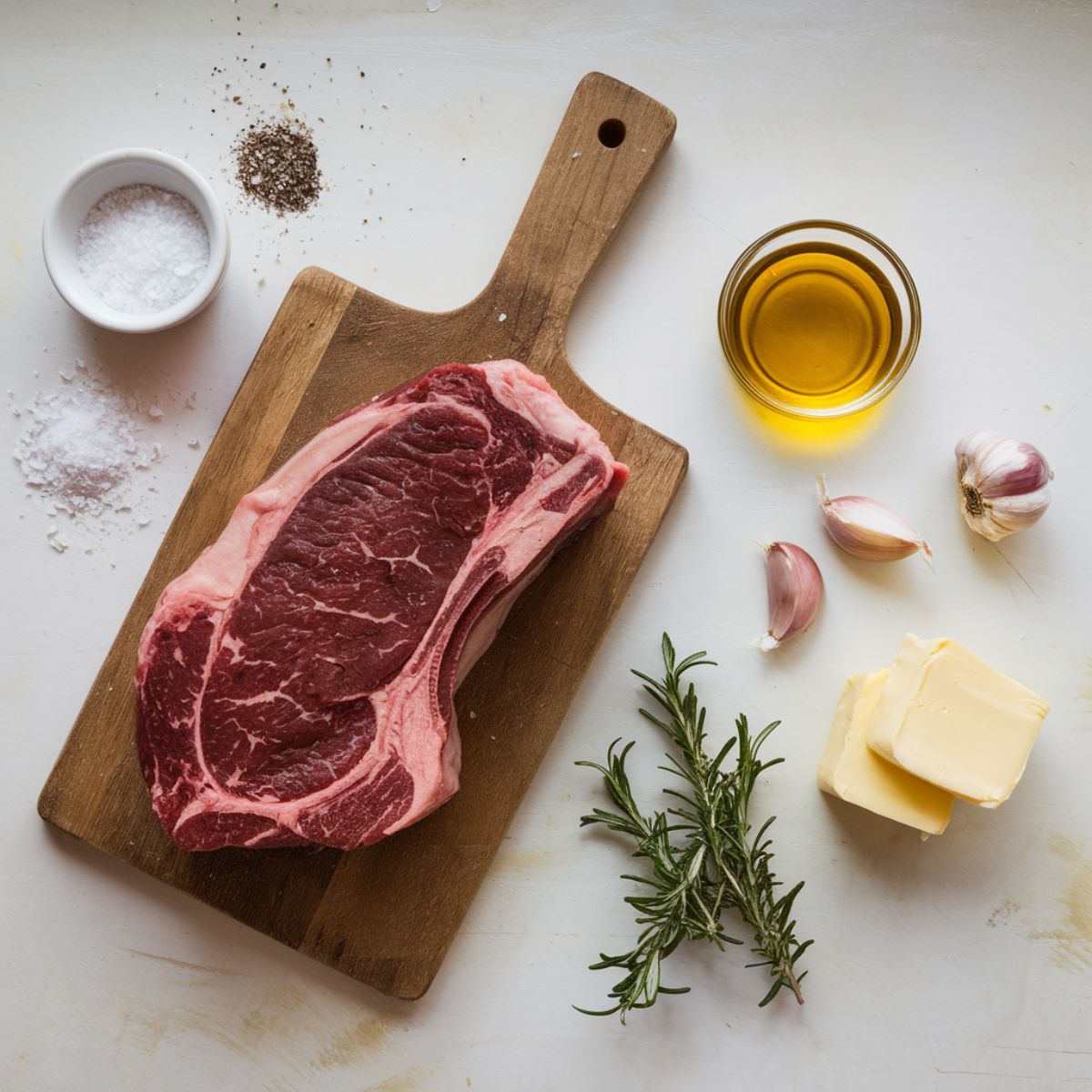 Raw Tomahawk steak with salt, pepper, olive oil, garlic, rosemary, and butter on a white kitchen counter.