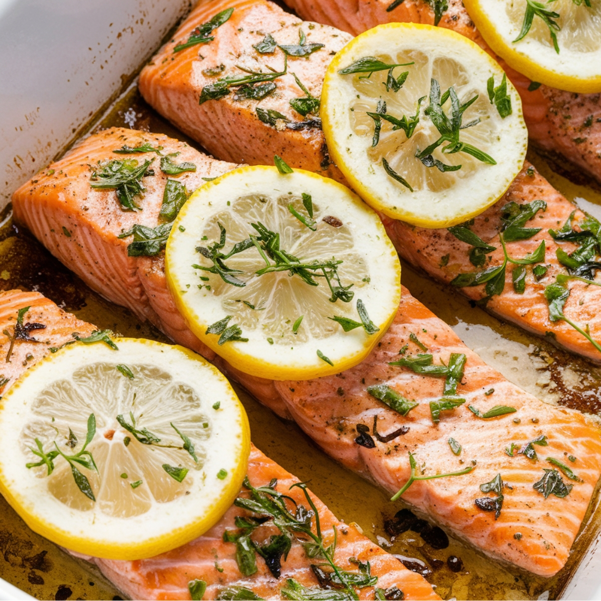 Baked steelhead trout recipe featuring tender fillets in a white baking dish, topped with fresh lemon slices, garlic, and herbs, drizzled with a flavorful butter sauce—an easy and delicious seafood dish.