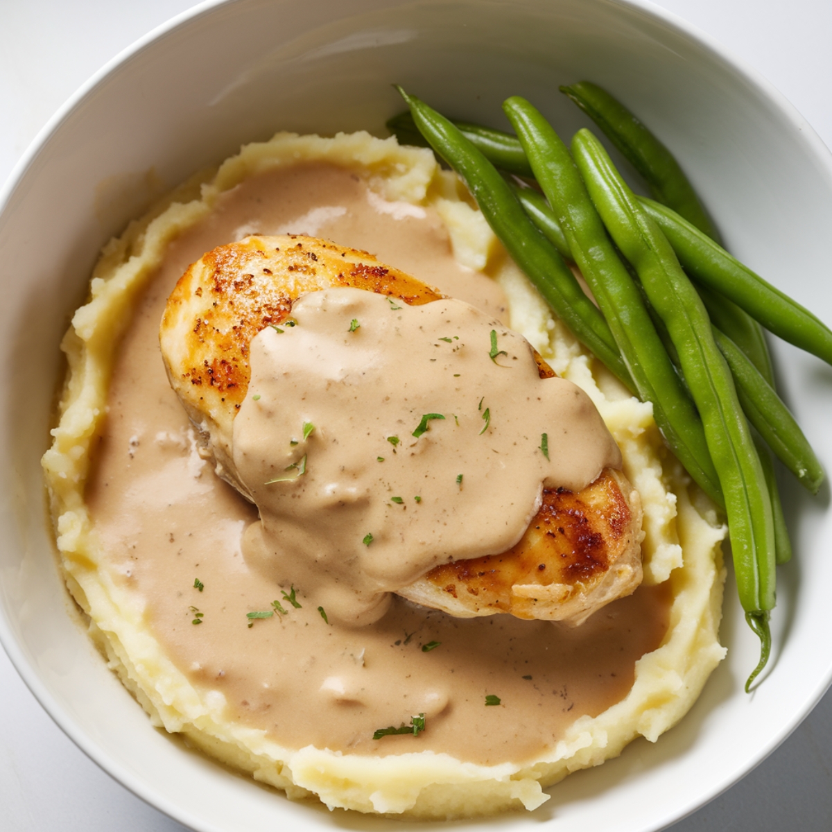 Classic Chicken and Gravy Recipe featuring a golden-brown chicken breast topped with creamy homemade gravy, served over fluffy mashed potatoes with a side of fresh green beans. A comforting and hearty meal perfect for dinner.