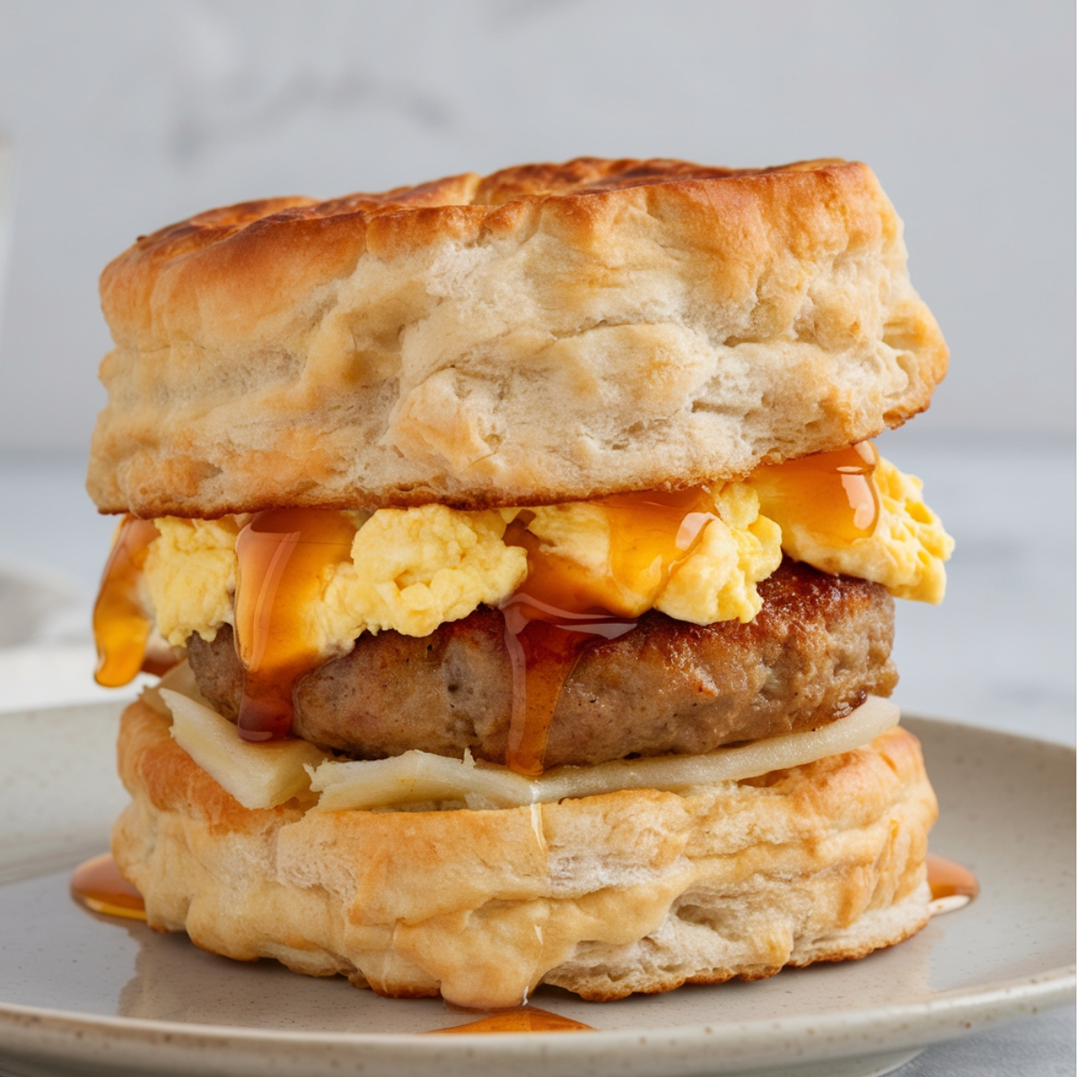 Classic Southern Biscuit Breakfast Sandwich featuring fluffy buttermilk biscuits, savory sausage, scrambled eggs, and a drizzle of golden honey for a perfect morning treat.