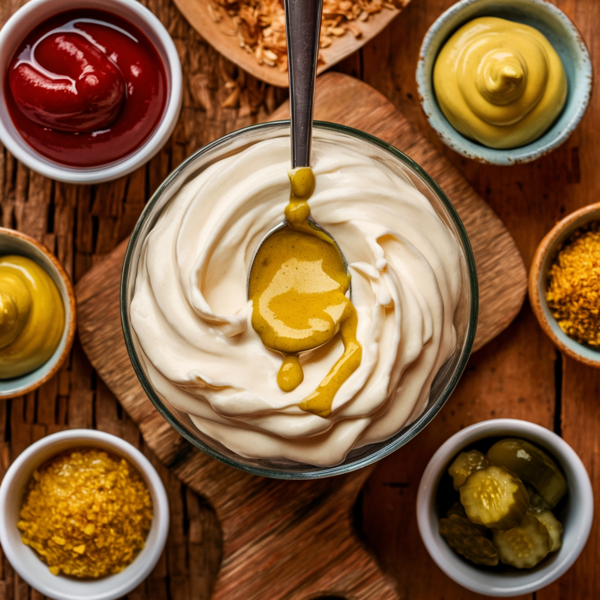 A creamy special sauce being mixed in a bowl, made with mayonnaise, mustard, ketchup, and seasonings. A spoon drizzles mustard into the sauce, surrounded by small bowls of pickles, spices, and condiments. This tangy and flavorful dressing is the perfect topping for a delicious burger bowl recipe.