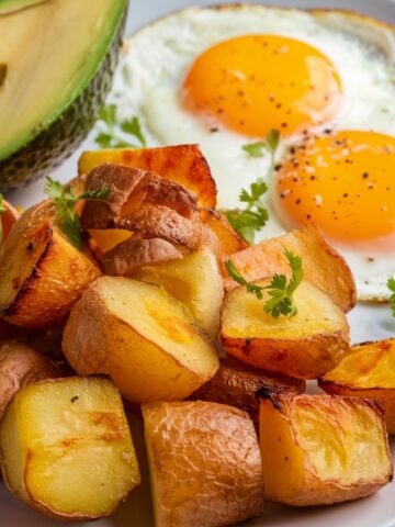 A hearty breakfast plate featuring crispy air fryer breakfast potatoes, golden brown and perfectly seasoned, served with sunny-side-up eggs and fresh avocado. The potatoes have a crispy exterior and a tender inside, making them a delicious and easy-to-make morning side dish. Garnished with fresh parsley for added flavor and presentation.