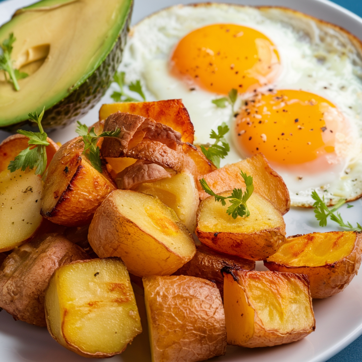 A hearty breakfast plate featuring crispy air fryer breakfast potatoes, golden brown and perfectly seasoned, served with sunny-side-up eggs and fresh avocado. The potatoes have a crispy exterior and a tender inside, making them a delicious and easy-to-make morning side dish. Garnished with fresh parsley for added flavor and presentation.