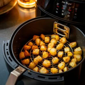 A close-up of crispy air fryer breakfast potatoes in a black air fryer basket, perfectly golden brown and seasoned with spices. The potatoes are evenly cooked, with a crispy exterior and tender inside, making them a delicious and easy breakfast side dish. Warm lighting enhances the inviting and cozy kitchen atmosphere.