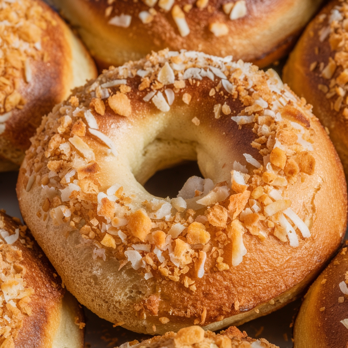 A close-up of golden-brown sourdough bagels, featuring a crispy crust and chewy interior, generously topped with toasted garlic and onion flakes. This Sourdough Bagel Recipe delivers the perfect balance of flavor and texture for an authentic homemade bagel experience.