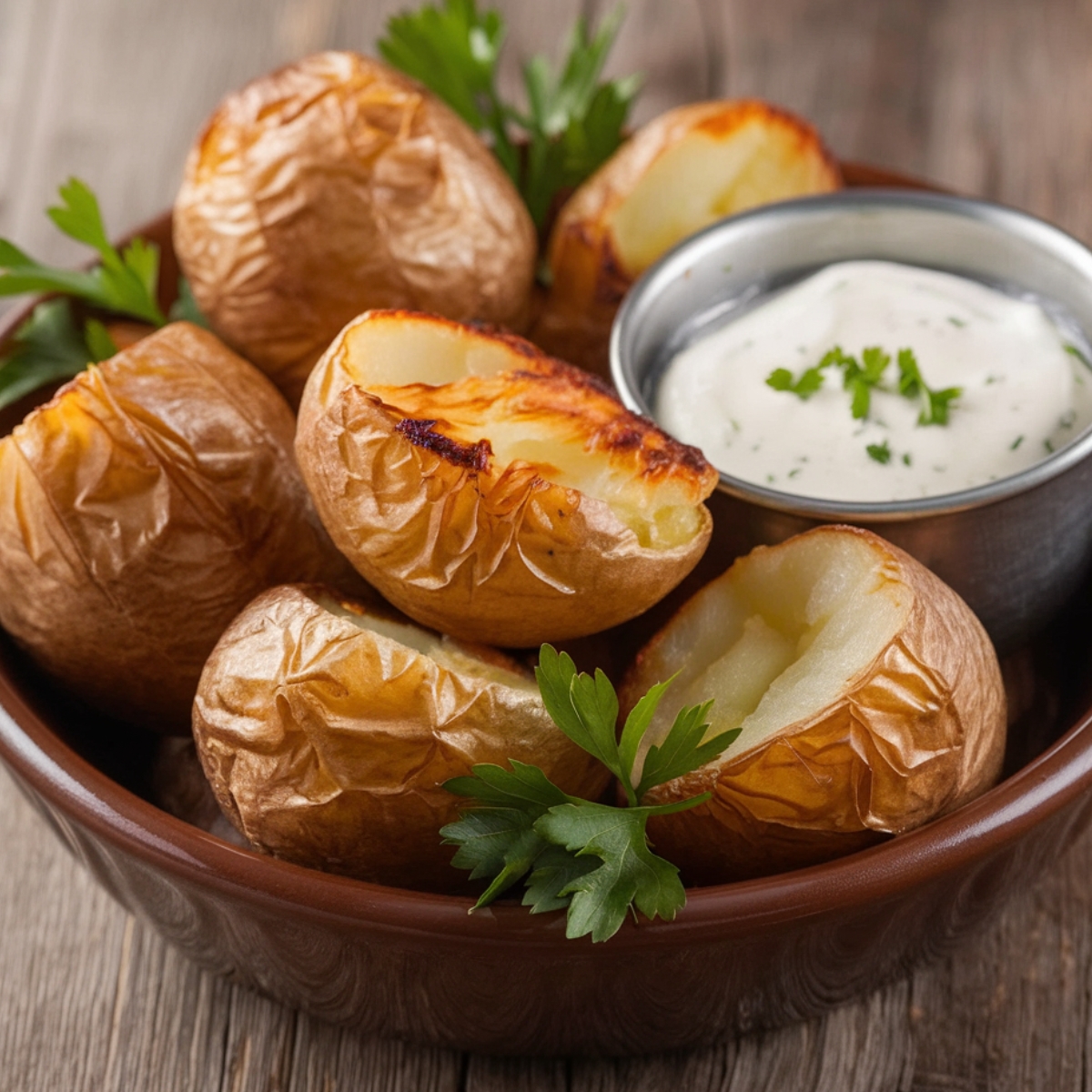 Crispy Ranch Potatoes Recipe – Golden brown roasted potatoes with a perfectly crisp skin, served with a creamy herb dip for a flavorful and delicious side dish.