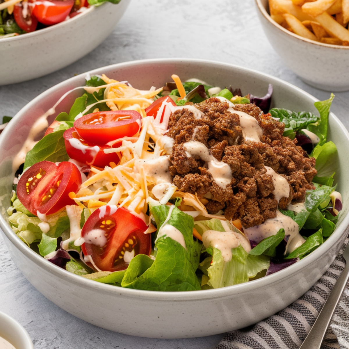 A delicious burger bowl recipe featuring crisp lettuce, juicy cherry tomatoes, shredded cheddar cheese, and perfectly seasoned ground beef. Drizzled with a creamy special sauce, this low-carb burger bowl is a fresh and healthy twist on a classic cheeseburger, served in a bowl for a satisfying meal.