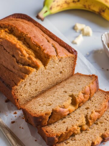 A freshly baked loaf of banana bread made with 2 ripe bananas, sliced and placed on parchment paper. The golden-brown crust and soft, moist interior showcase the perfect homemade banana bread recipe. A vintage butter knife, banana, and cubes of butter add a cozy, inviting touch to the scene.