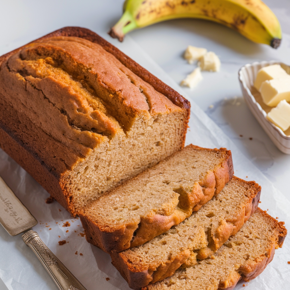 A freshly baked loaf of banana bread made with 2 ripe bananas, sliced and placed on parchment paper. The golden-brown crust and soft, moist interior showcase the perfect homemade banana bread recipe. A vintage butter knife, banana, and cubes of butter add a cozy, inviting touch to the scene.