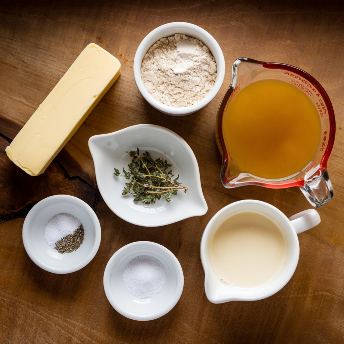 Ingredients for Chicken and Gravy Recipe including butter, flour, chicken broth, heavy cream, dried thyme, salt, and black pepper, laid out on a wooden surface. Essential components for a rich and creamy homemade gravy.