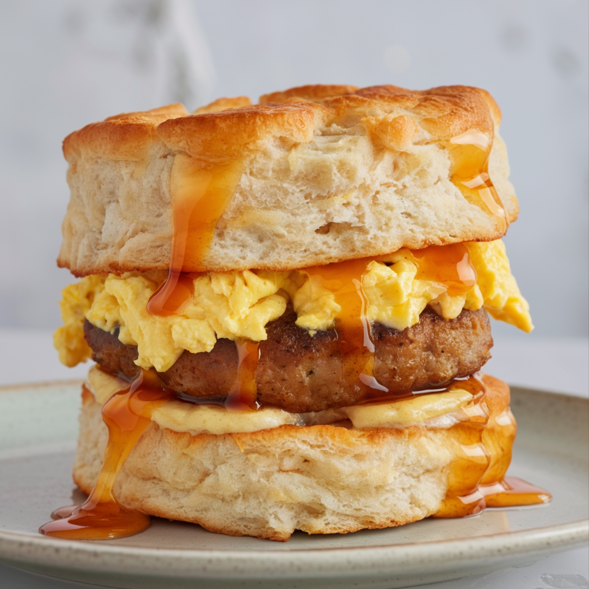 Fluffy Biscuit Breakfast Sandwich stacked with scrambled eggs, savory sausage, and drizzled with golden honey – the perfect Southern comfort breakfast.