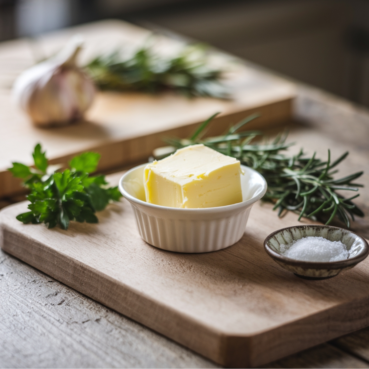 A rustic wooden cutting board featuring fresh ingredients for a steelhead trout recipe, including butter, sea salt, rosemary, parsley, and garlic—essential for making a flavorful and delicious trout dish.