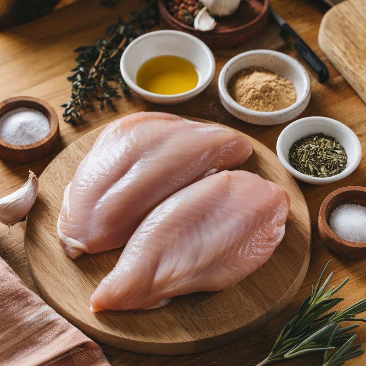 Fresh ingredients for Chicken and Gravy Recipe, featuring raw boneless chicken breasts on a wooden cutting board, surrounded by olive oil, garlic powder, onion powder, dried thyme, salt, and pepper. Essential components for a flavorful and juicy chicken dish.