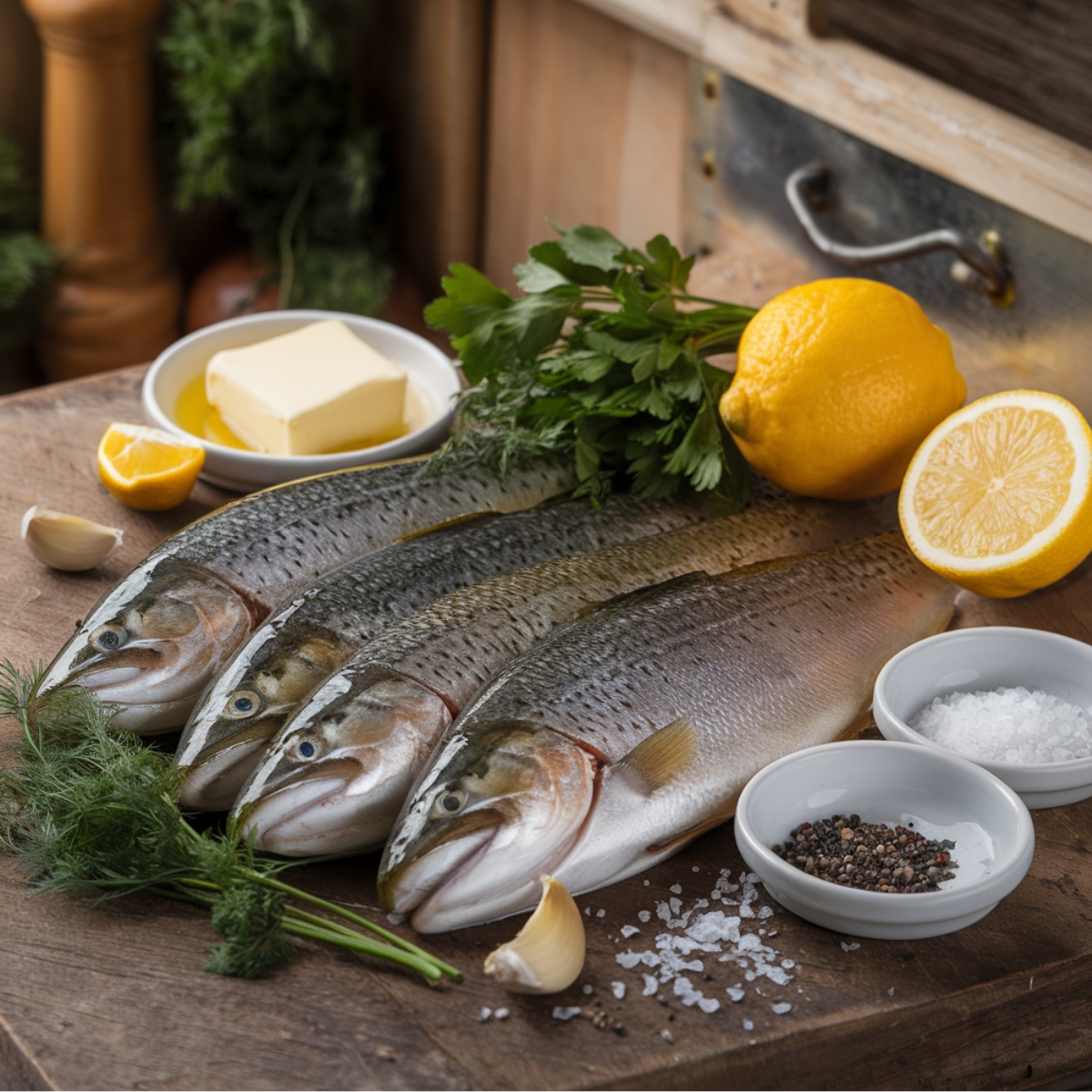 Fresh steelhead trout fillets on a rustic wooden cutting board, surrounded by key ingredients including lemon, garlic, butter, fresh herbs, sea salt, and black pepper—perfect for a flavorful and easy steelhead trout recipe.