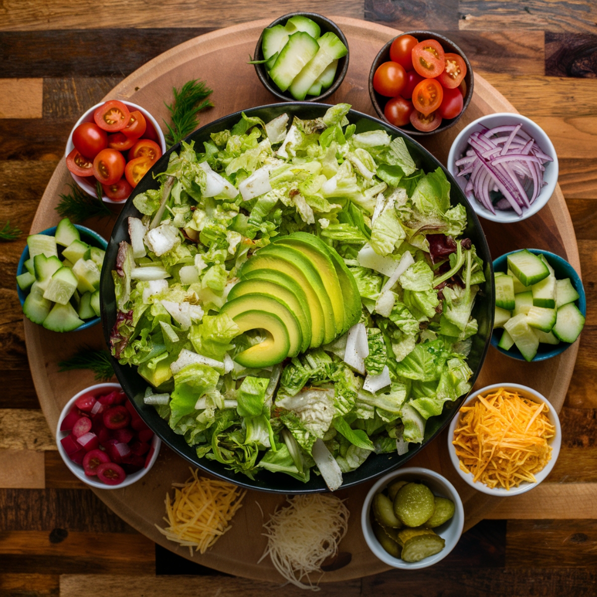 A fresh and flavorful burger bowl recipe featuring a bed of crisp chopped lettuce topped with sliced avocado. Surrounding the bowl are small dishes of cherry tomatoes, diced cucumbers, thinly sliced red onion, shredded cheddar cheese, and pickles. This vibrant and healthy low-carb burger bowl is a nutritious twist on a classic burger.