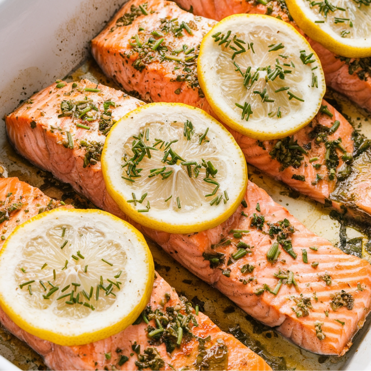 Delicious steelhead trout recipe featuring baked fillets in a buttery garlic sauce, topped with fresh lemon slices and herbs, creating a flavorful and easy seafood dish perfect for any meal.