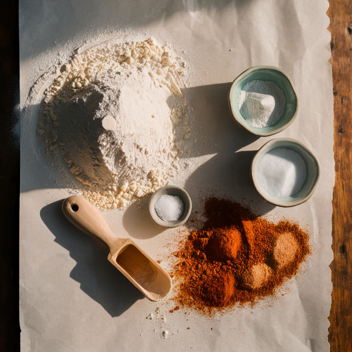 A rustic flat lay of essential dry ingredients for Gluten Free Zucchini Bread, including gluten-free all-purpose flour, baking powder, baking soda, cinnamon, nutmeg, and salt, displayed on parchment paper with a wooden scoop. The warm natural lighting highlights the rich textures and colors of the ingredients.