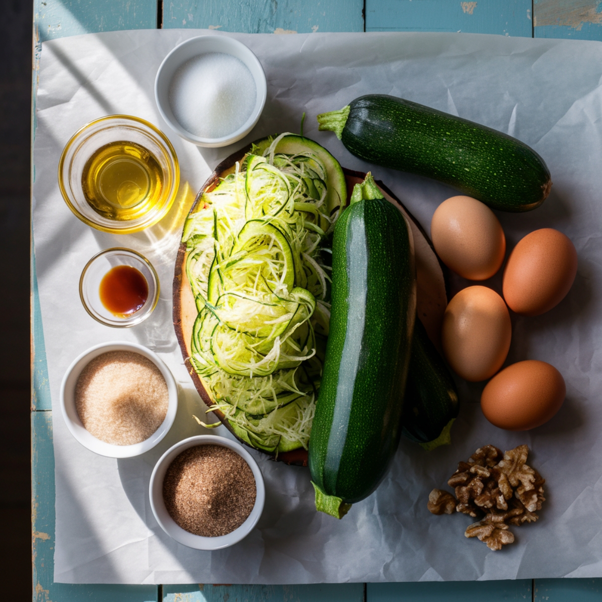 A beautifully arranged flat lay of fresh and wholesome wet ingredients for Gluten Free Zucchini Bread, including grated zucchini, whole zucchini, eggs, vegetable oil, vanilla extract, granulated sugar, brown sugar, and chopped walnuts, displayed on parchment paper over a rustic wooden surface.