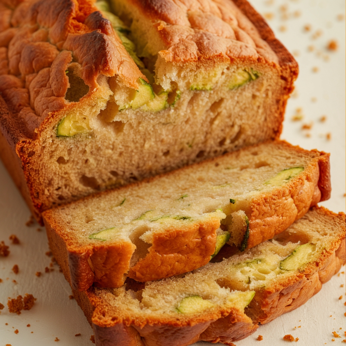 A freshly baked loaf of Gluten Free Zucchini Bread, sliced to reveal its soft, moist texture with bits of fresh zucchini. The golden-brown crust contrasts beautifully with the fluffy interior, making it a perfect homemade treat.