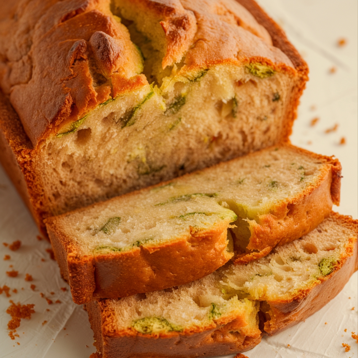 A freshly baked loaf of Gluten Free Zucchini Bread, sliced to showcase its soft, fluffy texture with tender zucchini pieces. The golden-brown crust adds a delicious contrast, making this moist and wholesome treat perfect for any occasion.