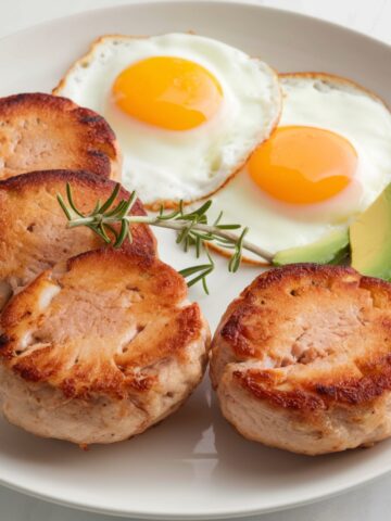 A plate of golden brown chicken breakfast sausage served with two sunny-side-up eggs and fresh avocado slices. The sausage patties are crispy on the outside and tender inside, garnished with a sprig of rosemary. This high-protein breakfast is beautifully presented on a white plate, making for a delicious and nutritious start to the day.