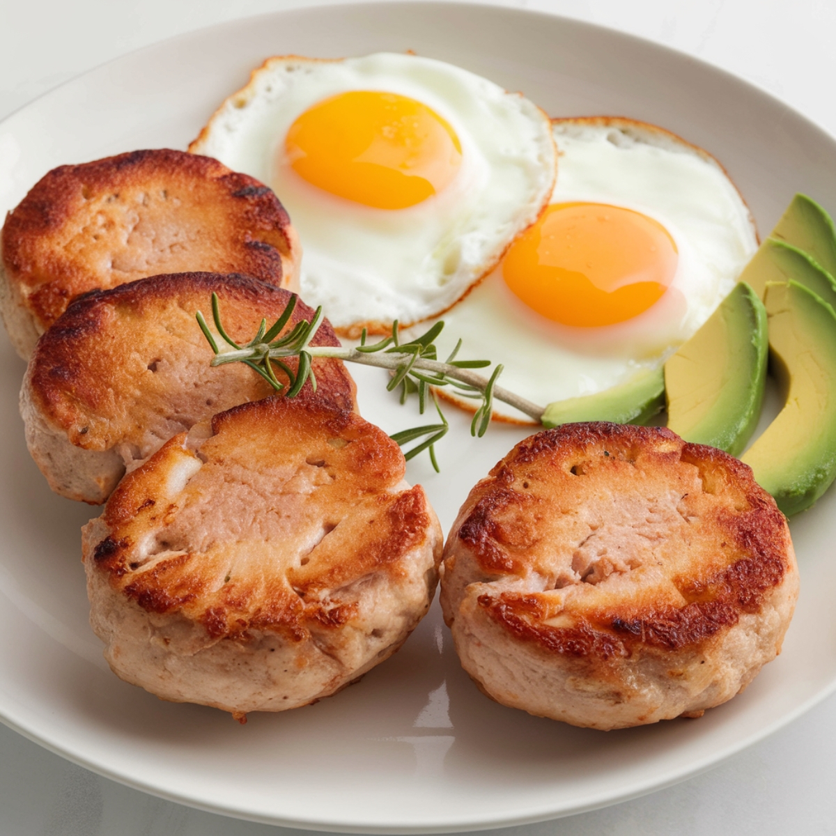 A plate of golden brown chicken breakfast sausage served with two sunny-side-up eggs and fresh avocado slices. The sausage patties are crispy on the outside and tender inside, garnished with a sprig of rosemary. This high-protein breakfast is beautifully presented on a white plate, making for a delicious and nutritious start to the day.