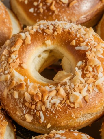 A close-up of golden, chewy sourdough bagels, topped with crispy toasted onion and garlic flakes. This Sourdough Bagel Recipe features a rich, deep flavor with a perfectly crisp crust and soft, airy interior—ideal for an authentic homemade bagel experience.