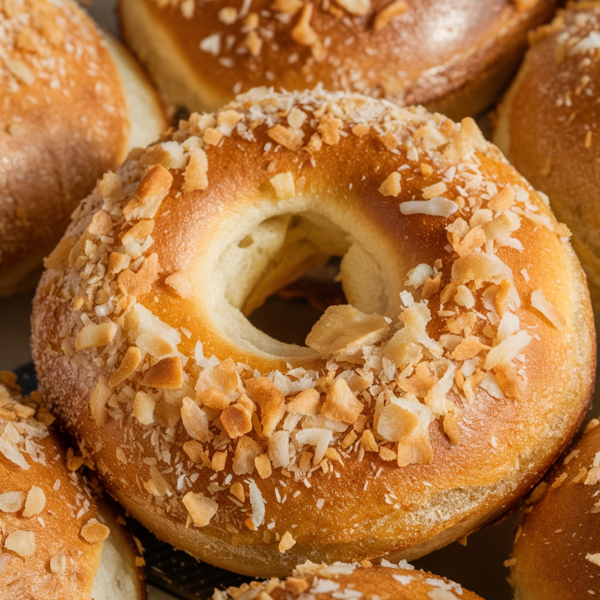 A close-up of golden, chewy sourdough bagels, topped with crispy toasted onion and garlic flakes. This Sourdough Bagel Recipe features a rich, deep flavor with a perfectly crisp crust and soft, airy interior—ideal for an authentic homemade bagel experience.