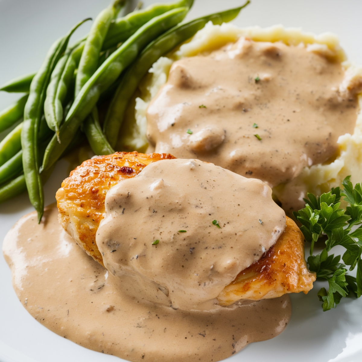 Golden seared chicken breast smothered in a rich, creamy gravy, served over fluffy mashed potatoes with a side of fresh green beans. A comforting and delicious homemade Chicken and Gravy recipe, perfect for a cozy meal.