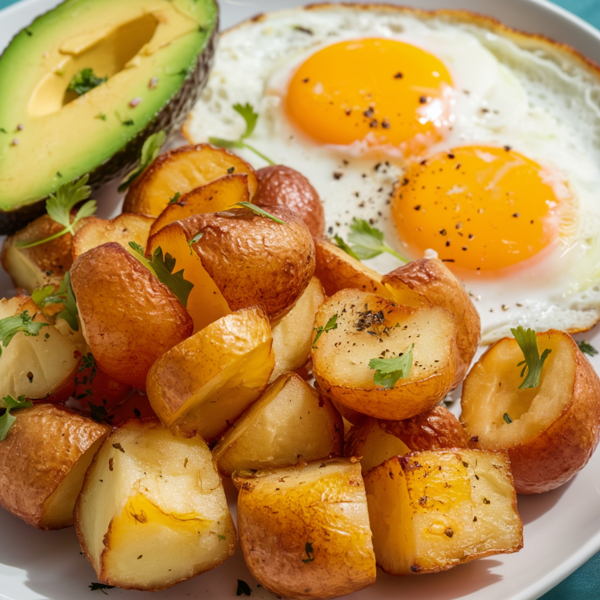 A delicious plate of air fryer breakfast potatoes, perfectly golden brown and crispy, served with sunny-side-up eggs and fresh avocado. The potatoes are seasoned with herbs and spices, creating a flavorful and satisfying breakfast. Garnished with fresh parsley, this dish is a healthy and easy morning meal.