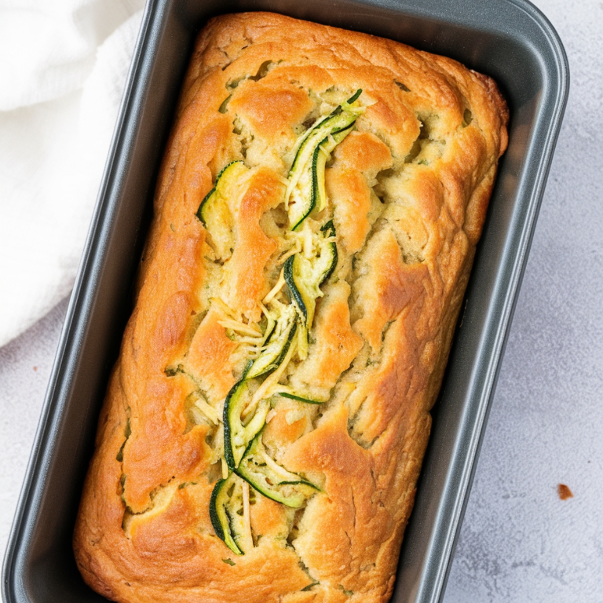 A freshly baked loaf of Gluten Free Zucchini Bread in a baking pan, featuring a golden-brown crust with shredded zucchini on top. This moist and fluffy bread is a perfect homemade treat, showcasing its soft texture and wholesome ingredients.