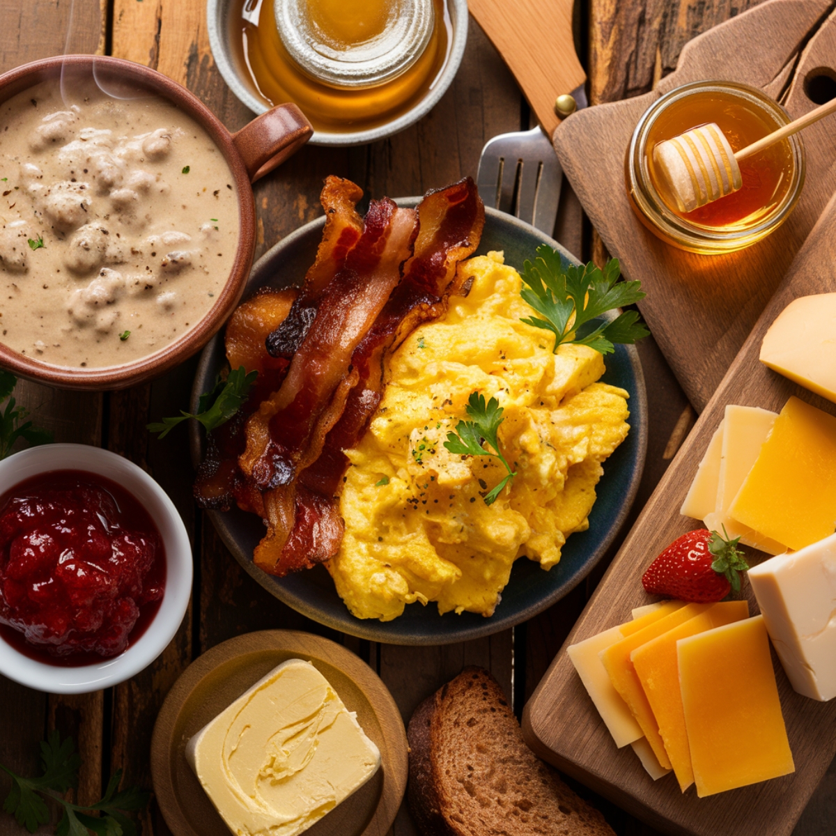 Hearty Biscuit Breakfast Spread featuring crispy bacon, fluffy scrambled eggs, rich sausage gravy, fresh butter, honey, assorted cheeses, and jam for a classic Southern comfort meal.