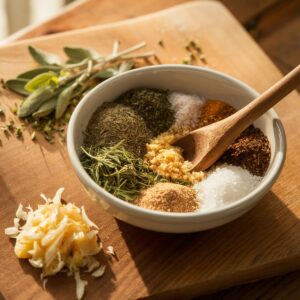 A bowl filled with a carefully measured blend of dried herbs and spices for homemade chicken breakfast sausage, including sage, thyme, rosemary, nutmeg, salt, black pepper, and red pepper flakes. A wooden spoon is gently mixing the seasoning, with fresh sage leaves and minced garlic scattered on a rustic wooden cutting board. Warm natural lighting enhances the cozy kitchen atmosphere.