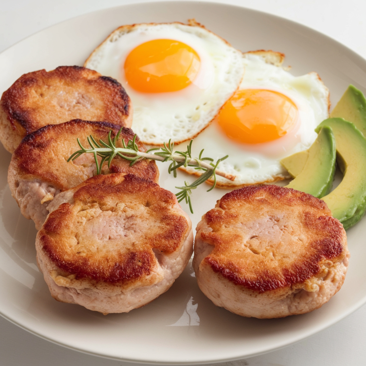 A plate of homemade chicken breakfast sausage served with two sunny-side-up eggs and fresh avocado slices. The sausage patties are golden brown and crispy on the outside, with a sprig of rosemary as garnish. The dish is presented on a white plate, creating a delicious and protein-packed breakfast.