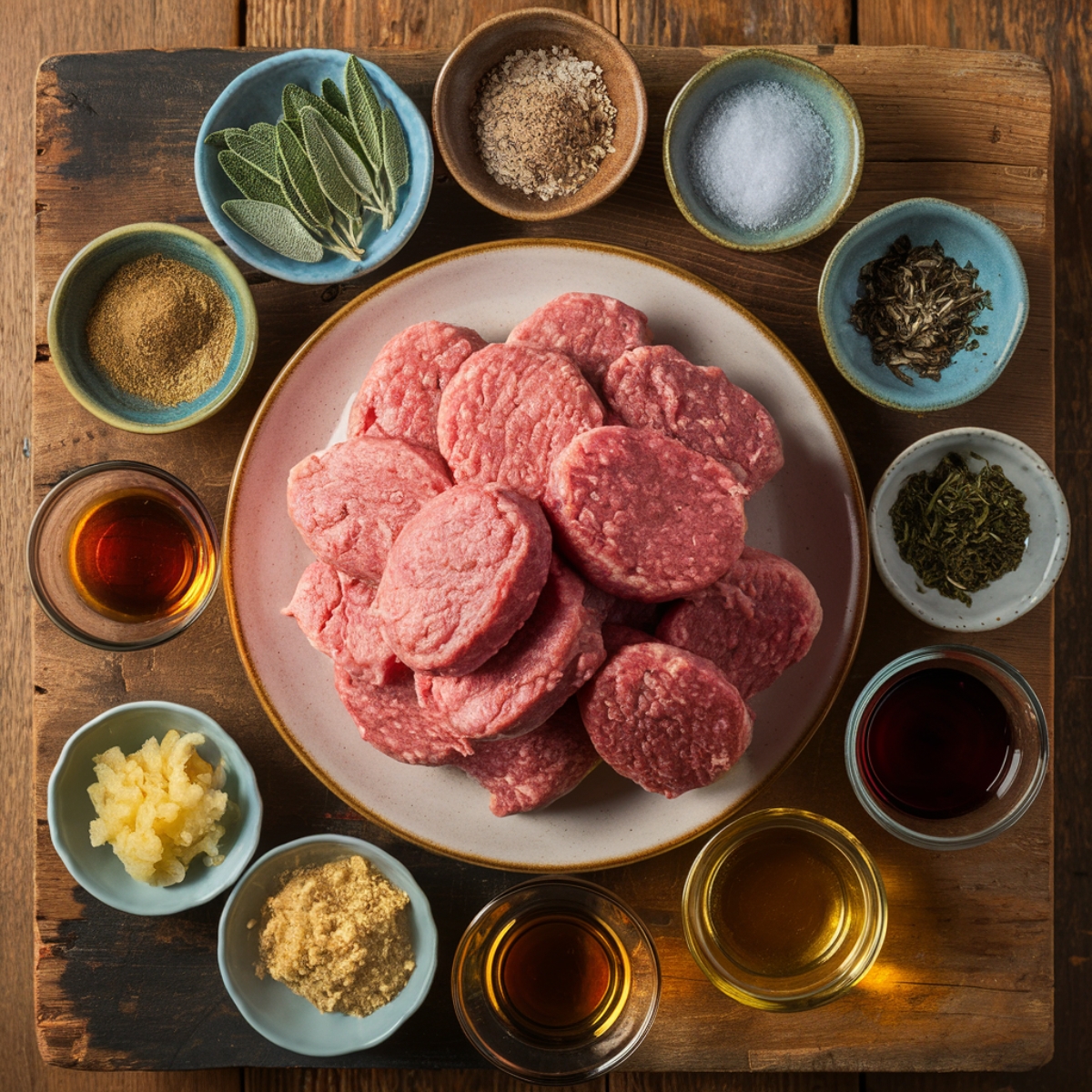 A top-down view of fresh ingredients for homemade chicken breakfast sausage, including ground chicken, fresh sage, dried herbs, garlic, brown sugar, and maple syrup. The ingredients are arranged on a rustic wooden board, ready to be mixed for a flavorful and savory breakfast dish.