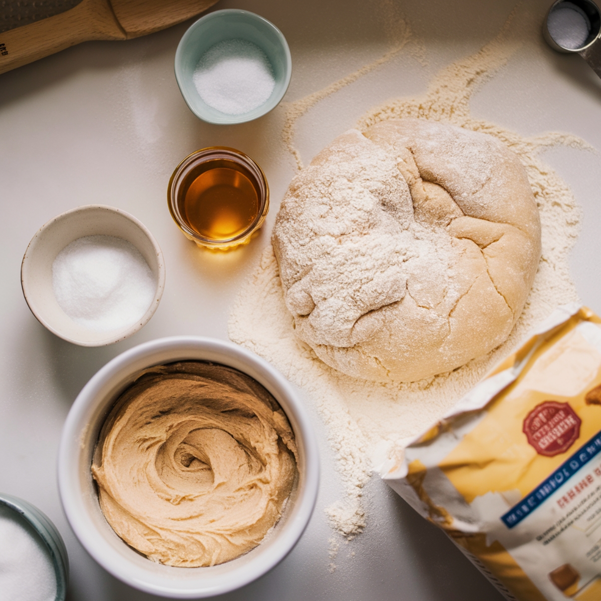 A beautifully arranged flat-lay of ingredients for a sourdough bagel recipe, featuring freshly kneaded dough, bread flour, sourdough starter, honey, sea salt, and other essential components. This homemade bagel dough is the perfect foundation for achieving chewy, flavorful bagels with a crisp golden crust.