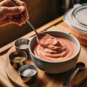 A creamy homemade special sauce being stirred in a bowl, made with mayonnaise, ketchup, mustard, and seasonings. Small measuring cups with salt, pepper, and spices surround the bowl, showcasing the rich and tangy dressing that adds the perfect finishing touch to a flavorful burger bowl recipe.