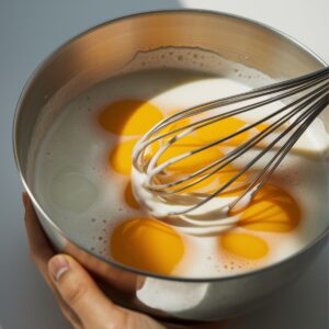 A large mixing bowl with eggs, oil, granulated sugar, brown sugar, and vanilla being whisked together to create the wet mixture for Gluten-Free Zucchini Bread. The rich yellow egg yolks contrast beautifully with the smooth, creamy batter.