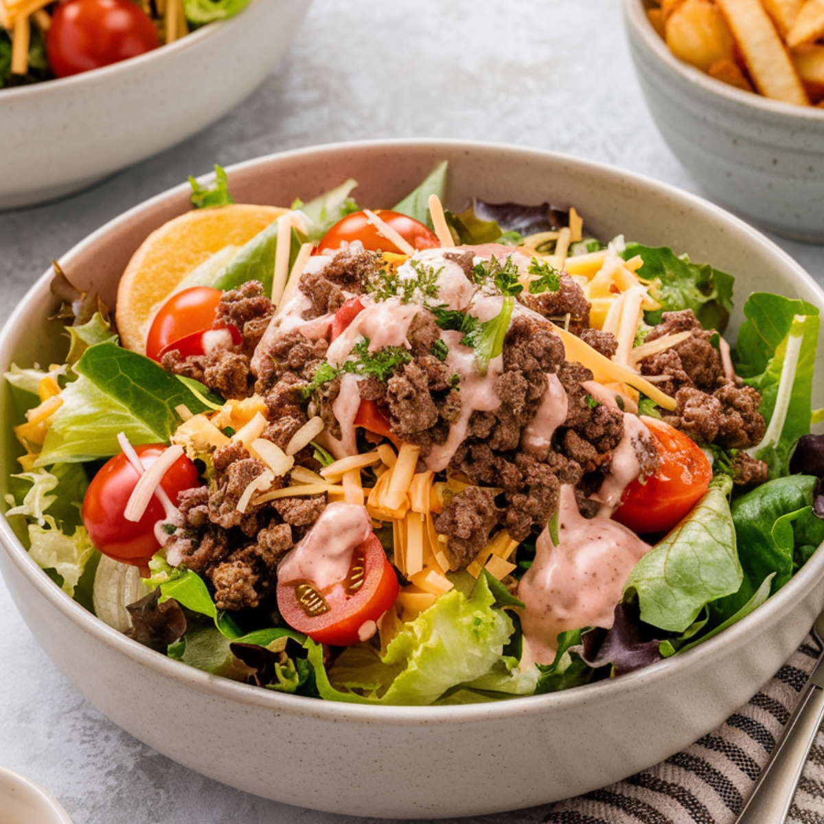 A loaded burger bowl recipe featuring seasoned ground beef on a bed of fresh lettuce, cherry tomatoes, shredded cheddar cheese, and a drizzle of creamy special sauce. Garnished with fresh herbs, this protein-packed, low-carb meal is a delicious and healthy alternative to a classic cheeseburger.