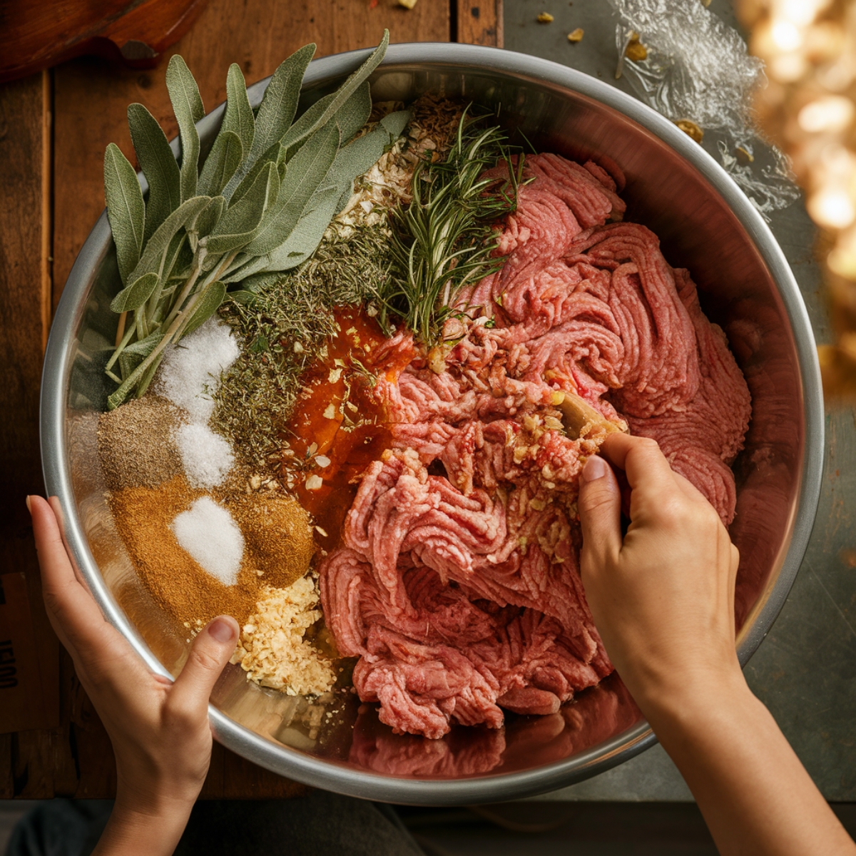 A large mixing bowl filled with ground chicken, fresh herbs, and spices being combined for homemade chicken breakfast sausage. Ingredients include sage, rosemary, thyme, garlic, salt, black pepper, red pepper flakes, and a drizzle of maple syrup. A hand is seen gently mixing the sausage blend, ensuring even distribution of flavors. The rustic wooden countertop and warm lighting create an inviting kitchen atmosphere.