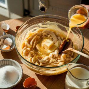 A cozy kitchen scene showing the process of making a banana bread recipe with 2 bananas. A glass mixing bowl filled with sliced bananas, melted butter, sugar, and eggs sits on a wooden countertop. Vanilla extract is being drizzled in, while a hand pours beaten eggs into the mixture. Eggshells, a small pitcher of milk, and a bowl of sugar surround the bowl, capturing the warm and inviting atmosphere of homemade baking.