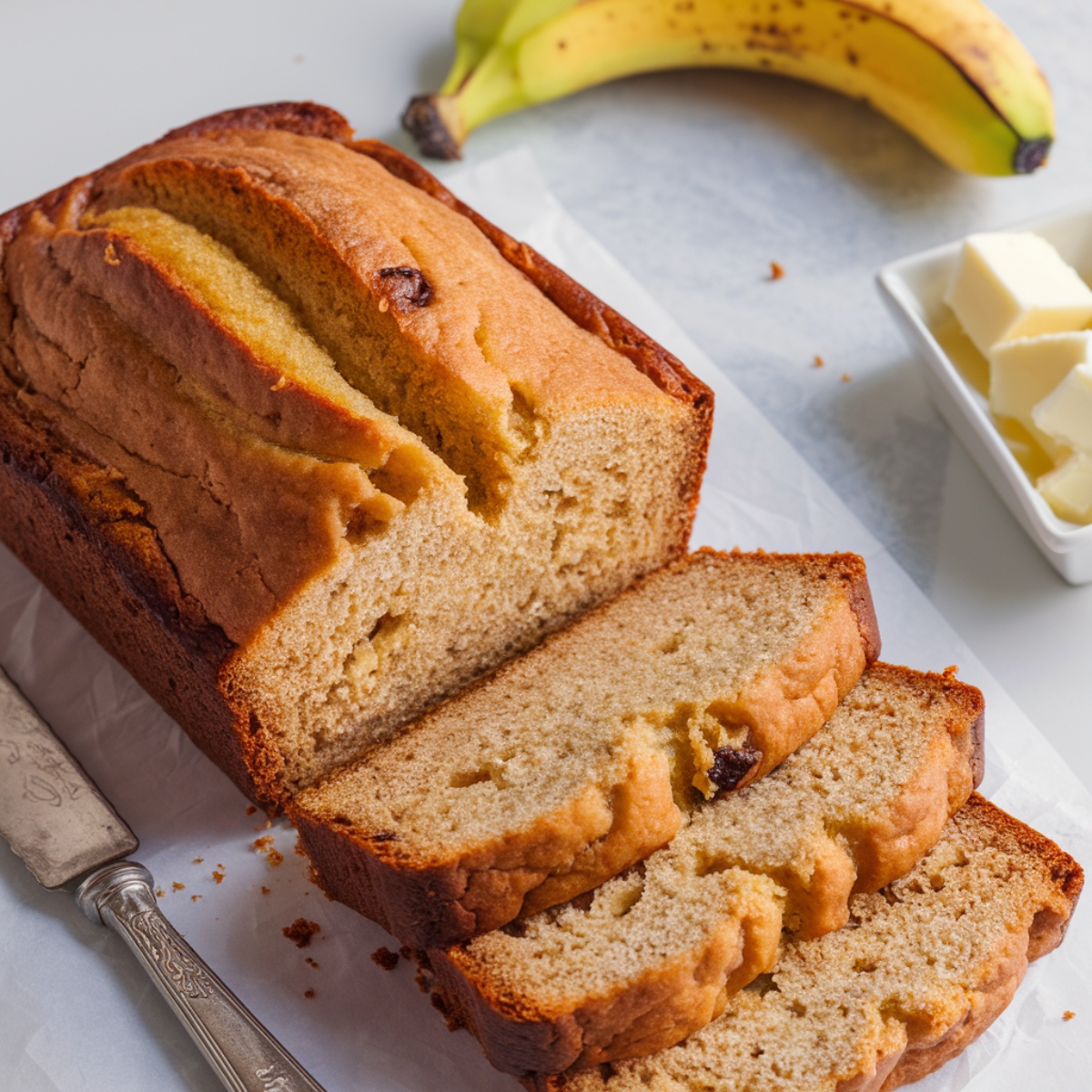 A freshly baked loaf of banana bread made with 2 ripe bananas, sliced and placed on parchment paper. The golden crust and soft, moist interior highlight this easy banana bread recipe. A vintage butter knife, a ripe banana, and a dish of butter cubes add a cozy, homemade touch to the scene.