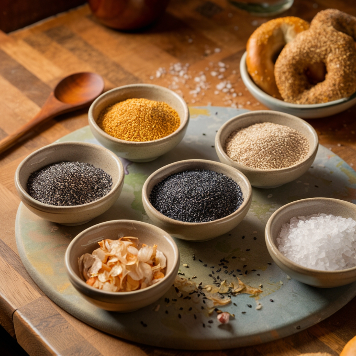 A beautifully arranged selection of bagel toppings for a sourdough bagel recipe, including poppy seeds, sesame seeds, mustard seeds, dried onion flakes, and coarse sea salt. These flavorful toppings add the perfect crunch and texture to homemade bagels, making them even more delicious.