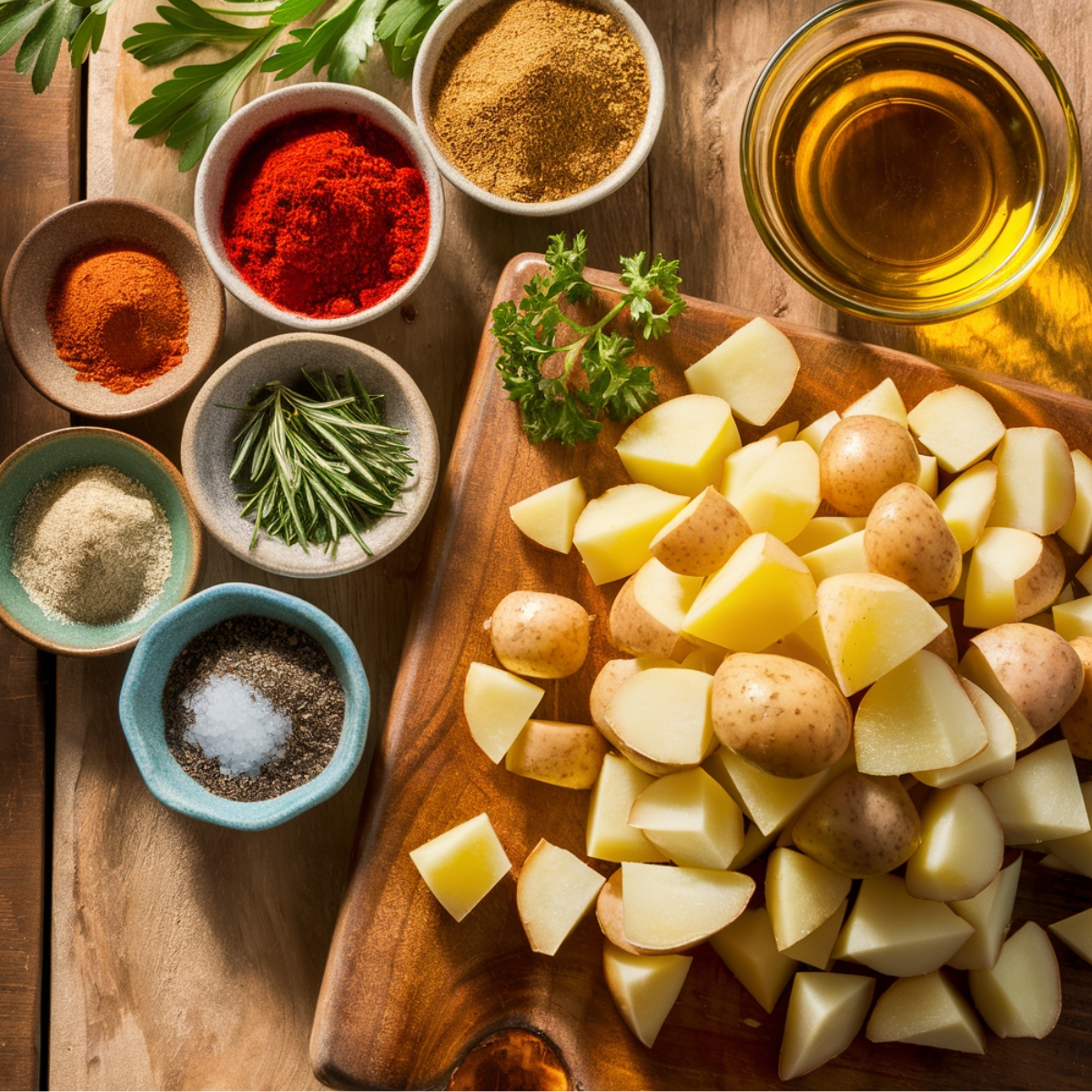 A rustic kitchen scene featuring fresh ingredients for air fryer breakfast potatoes. Diced russet potatoes are arranged on a wooden cutting board, surrounded by small bowls of seasonings, including paprika, garlic powder, onion powder, dried rosemary, salt, and pepper. A glass of golden olive oil sits nearby, ready to be used for seasoning. The warm lighting highlights the natural textures and colors, making this a perfect setup for a flavorful breakfast dish.