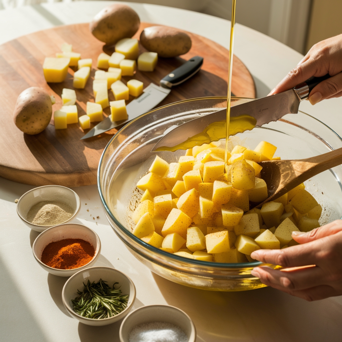 A bright kitchen scene showing the preparation of air fryer breakfast potatoes. Freshly diced russet potatoes are placed in a large glass bowl, with golden olive oil being drizzled over them. Small bowls of seasonings, including paprika, garlic powder, onion powder, dried rosemary, salt, and pepper, are neatly arranged nearby. A wooden spoon is used to mix the potatoes, ensuring they are evenly coated for a crispy and flavorful result in the air fryer.