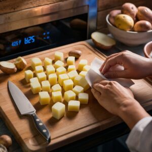 Preparing Ranch Potatoes Recipe – Freshly cubed potatoes being patted dry with a paper towel on a wooden cutting board, ensuring crispiness before seasoning and roasting to golden perfection.