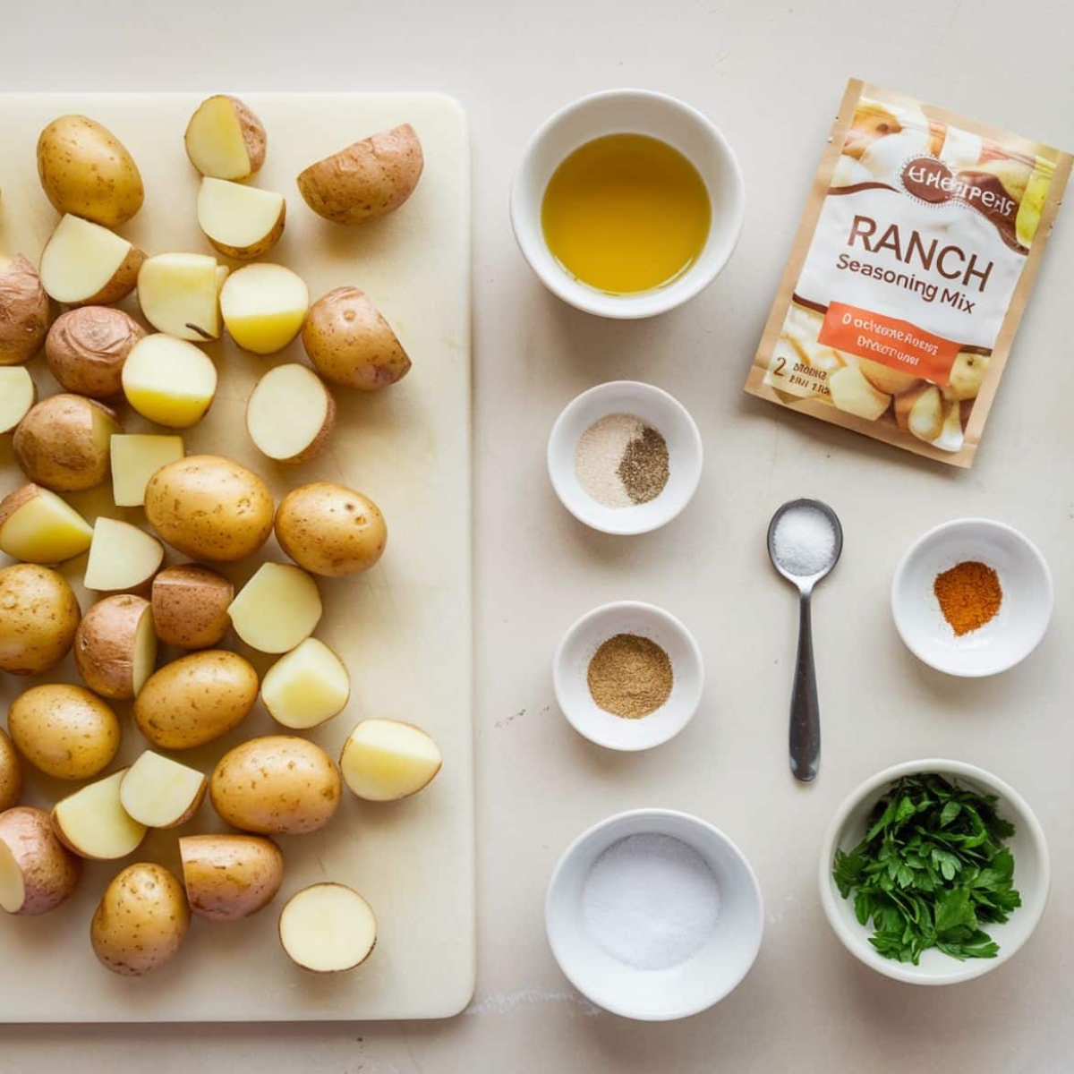 Ranch Potatoes Recipe – Freshly cut baby potatoes on a cutting board with ranch seasoning mix, olive oil, and spices, ready to be tossed and roasted for a crispy and flavorful side dish.